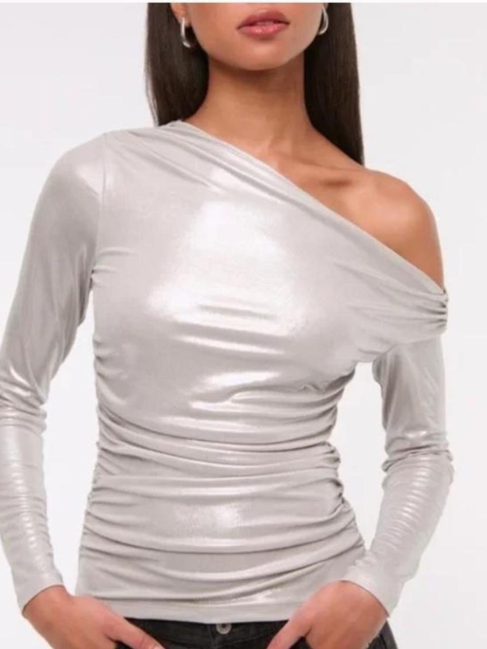 Abercrombie & Fitch Metallic Silver Long-Sleeve Ruched Top